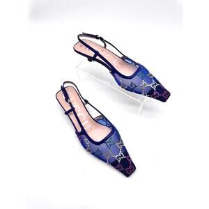 Gucci Blue GG Crystal-Embellished Mesh Slingback  Square Toe Pumps EU 36.5